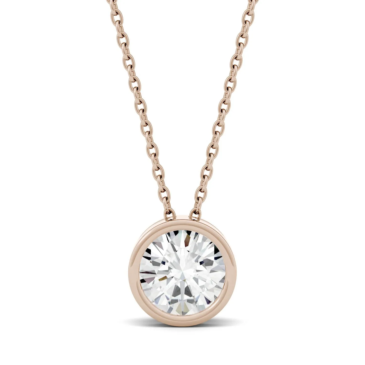 1.00 CTW DEW Round Moissanite Bezel Pendant in 14K Rose Gold