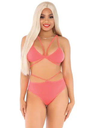 2 Pc. Cage Strap Bra and Strappy Panty Coral