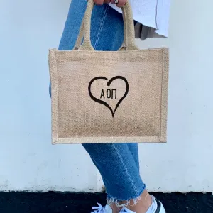 Alpha Omicron Pi Heart and Sorority Letters Burlap Tote Bag