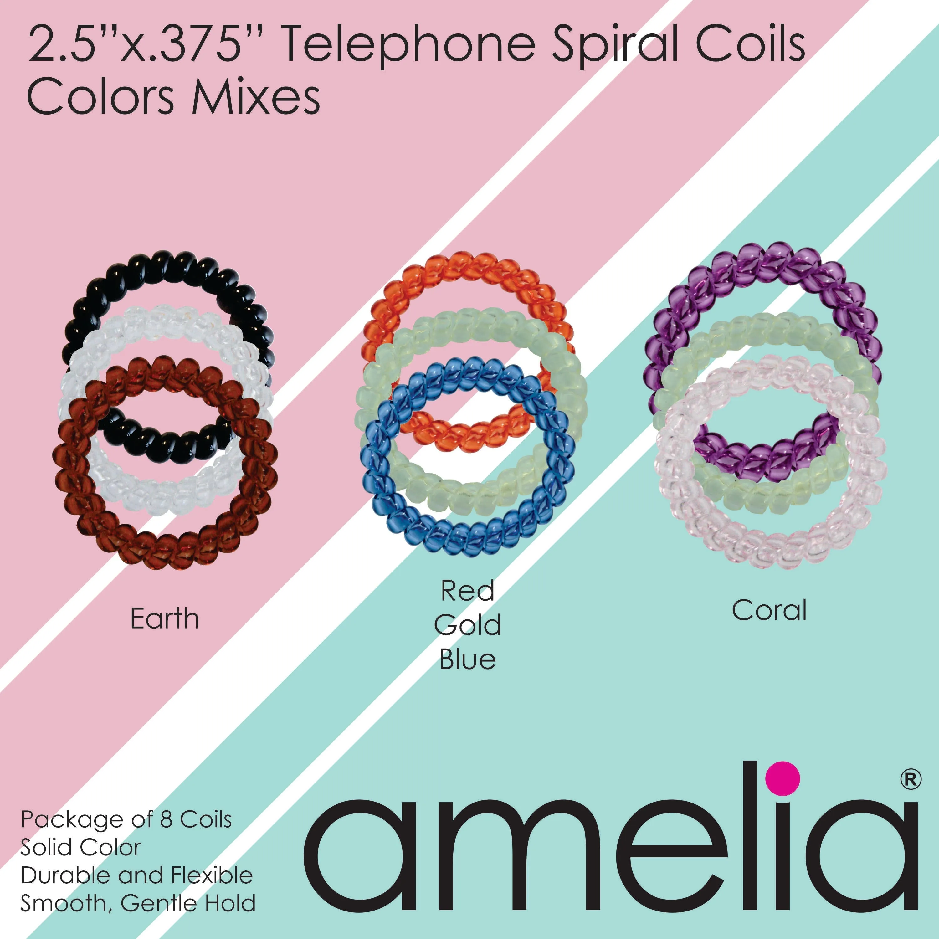 Amelia Beauty Products 8 Large Smooth Elastic Hair Coils, 2. 5in Diameter Thick Spiral Hair Ties, Gentle on Hair, Strong Hold and Minimizes Dents and Creases, Blue