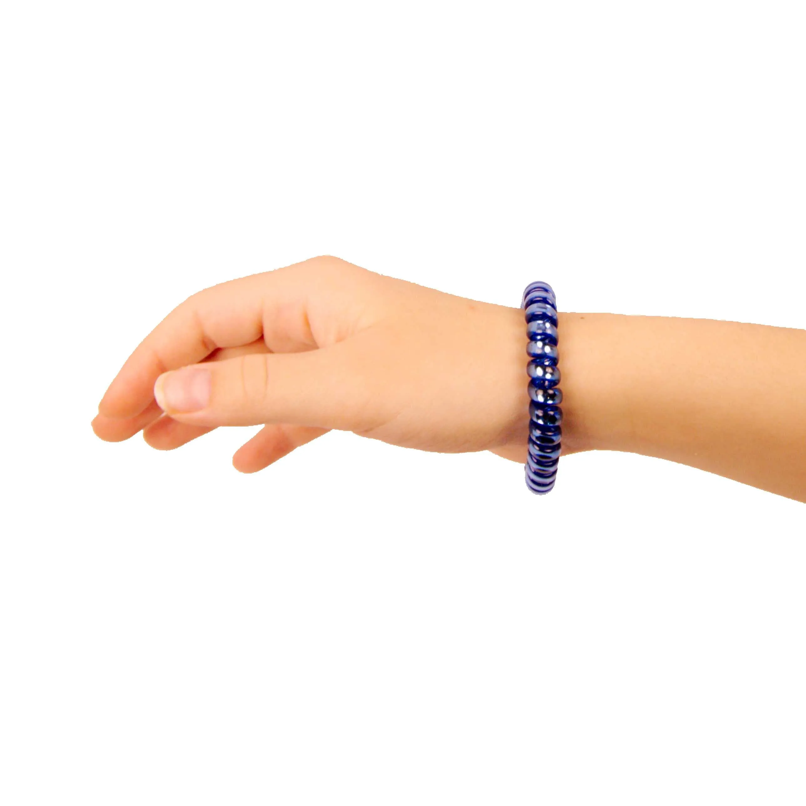 Amelia Beauty Products 8 Large Smooth Shiny Center Elastic Hair Coils, 2. 5in Diameter Thick Spiral Hair Ties, Gentle on Hair, Strong Hold and Minimizes Dents and Creases, Blue, Silver and Red Mix