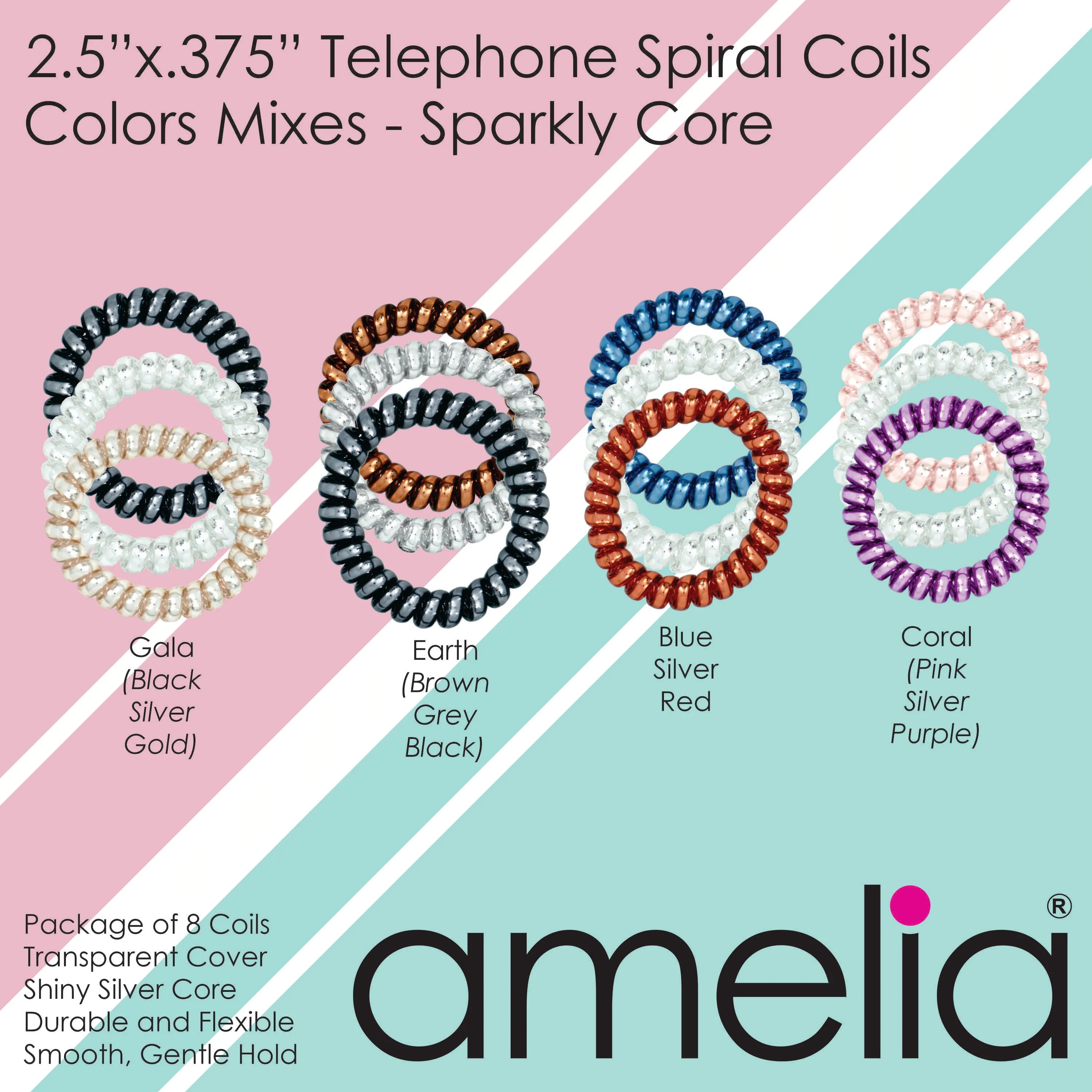Amelia Beauty Products 8 Large Smooth Shiny Center Elastic Hair Coils, 2. 5in Diameter Thick Spiral Hair Ties, Gentle on Hair, Strong Hold and Minimizes Dents and Creases, Blue, Silver and Red Mix