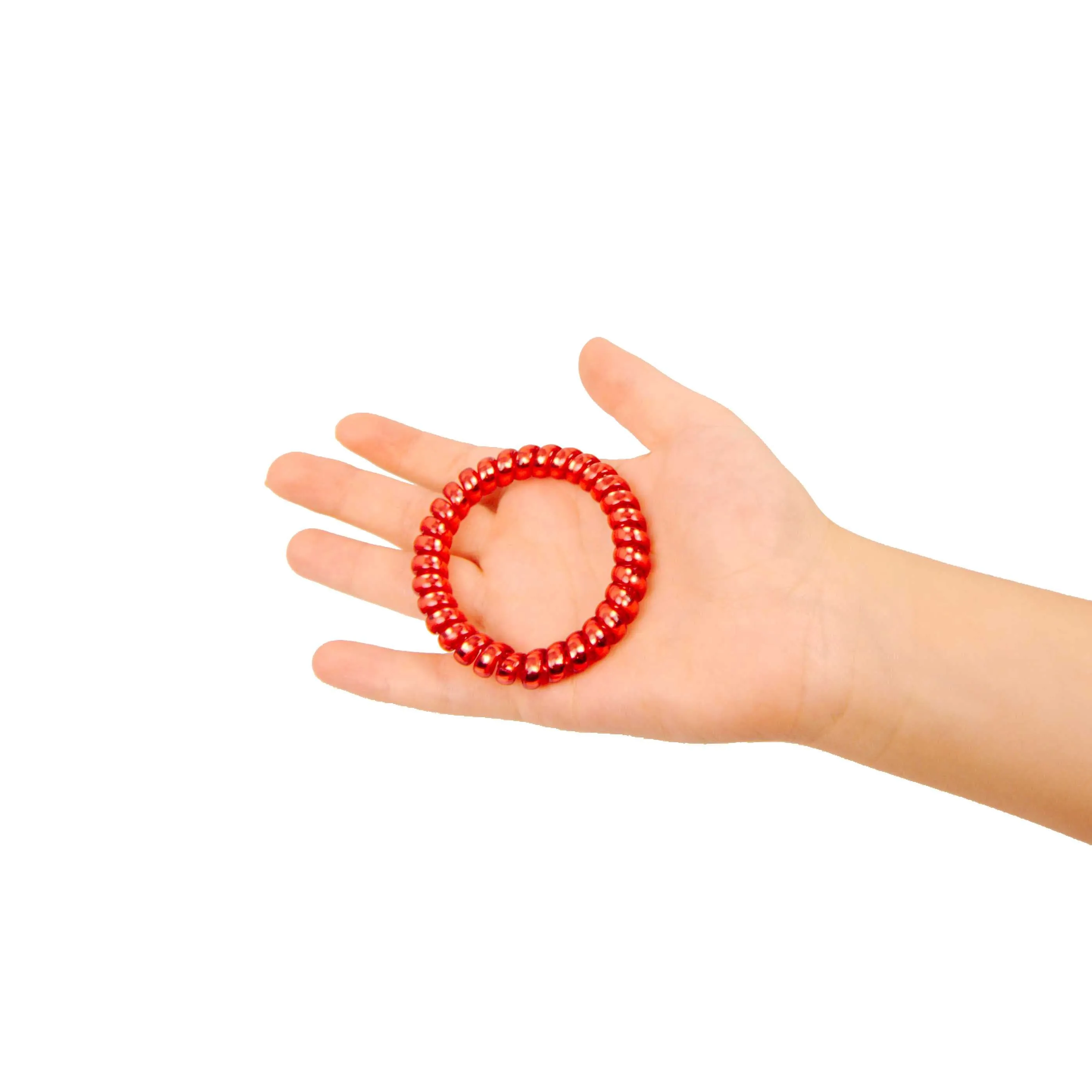 Amelia Beauty Products 8 Large Smooth Shiny Center Elastic Hair Coils, 2. 5in Diameter Thick Spiral Hair Ties, Gentle on Hair, Strong Hold and Minimizes Dents and Creases, Blue, Silver and Red Mix