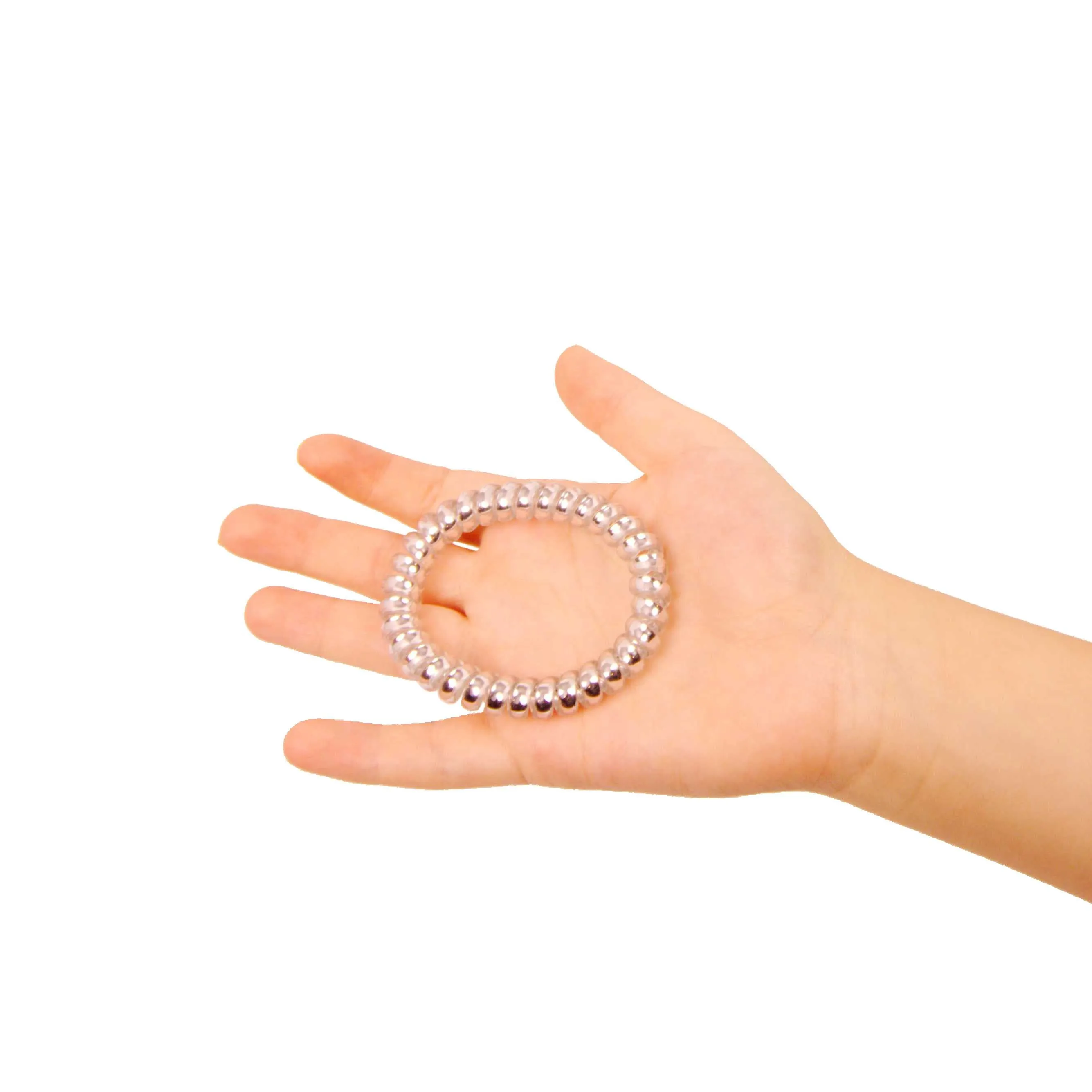 Amelia Beauty Products 8 Large Smooth Shiny Center Elastic Hair Coils, 2. 5in Diameter Thick Spiral Hair Ties, Gentle on Hair, Strong Hold and Minimizes Dents and Creases, Silver