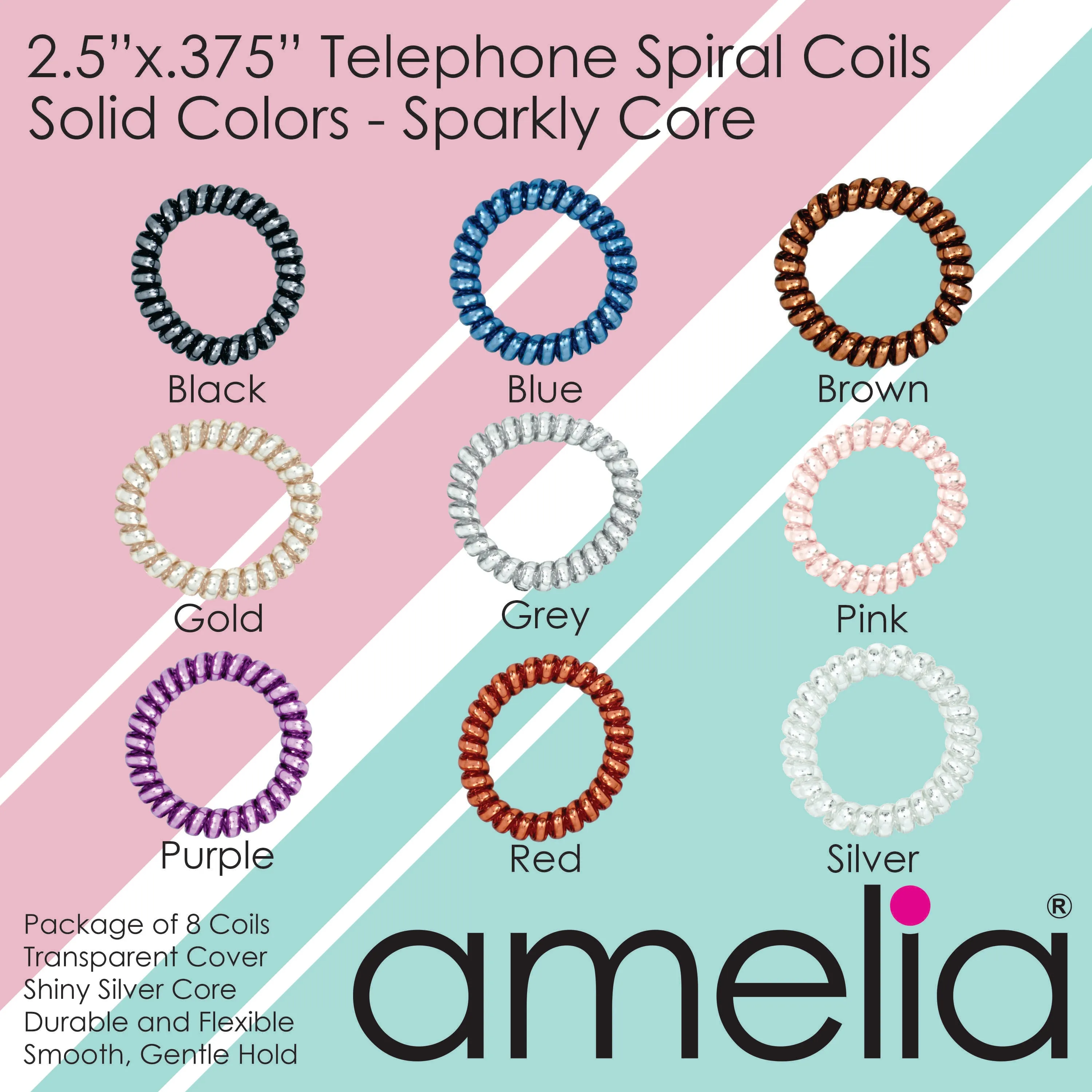 Amelia Beauty Products 8 Large Smooth Shiny Center Elastic Hair Coils, 2. 5in Diameter Thick Spiral Hair Ties, Gentle on Hair, Strong Hold and Minimizes Dents and Creases, Silver