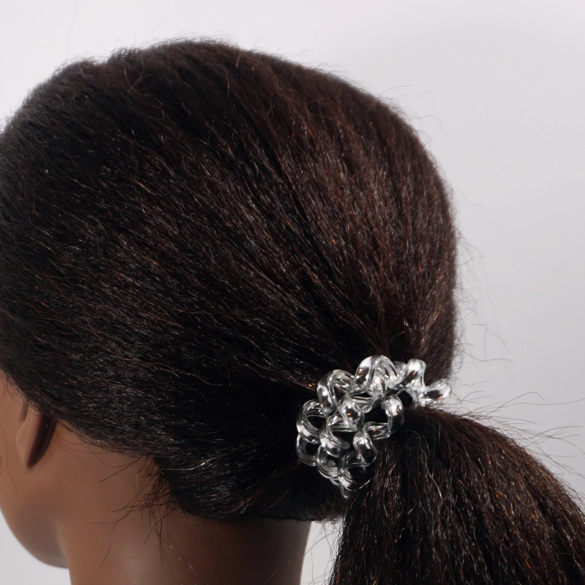 Amelia Beauty Products 8 Large Smooth Shiny Center Elastic Hair Coils, 2. 5in Diameter Thick Spiral Hair Ties, Gentle on Hair, Strong Hold and Minimizes Dents and Creases, Silver