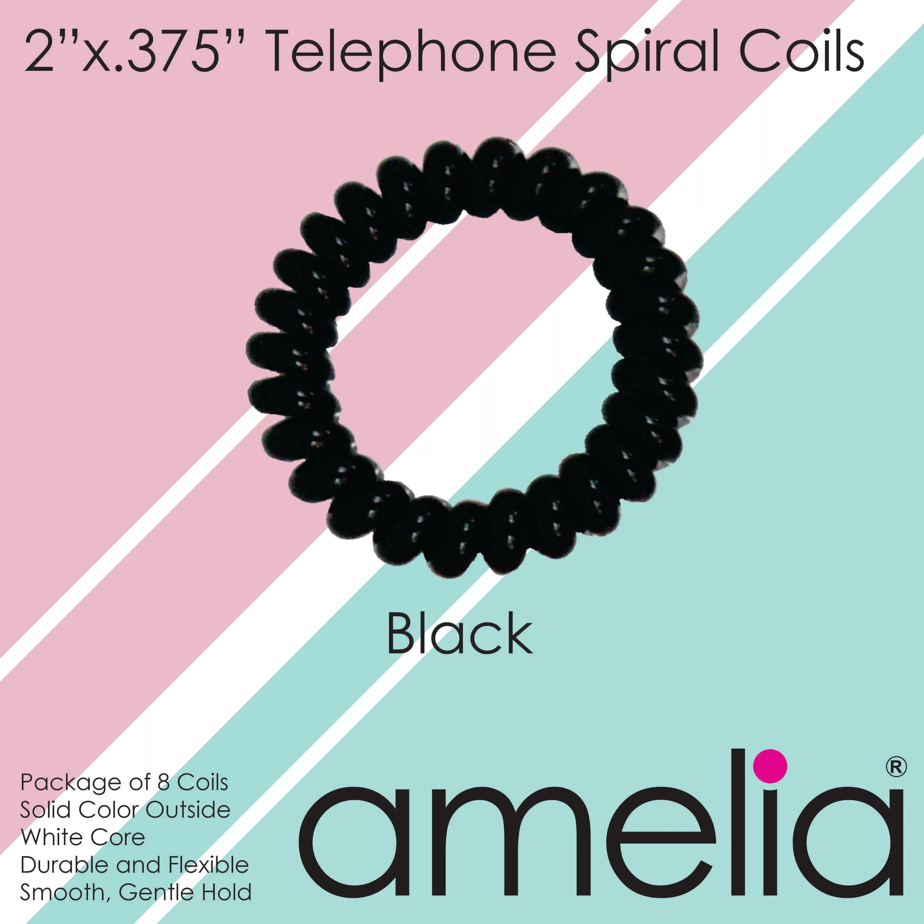 Amelia Beauty Products 8 Medium Elastic Hair Coils, 2.0in Diameter Thick Spiral Hair Ties, Gentle on Hair, Strong Hold and Minimizes Dents and Creases, Black