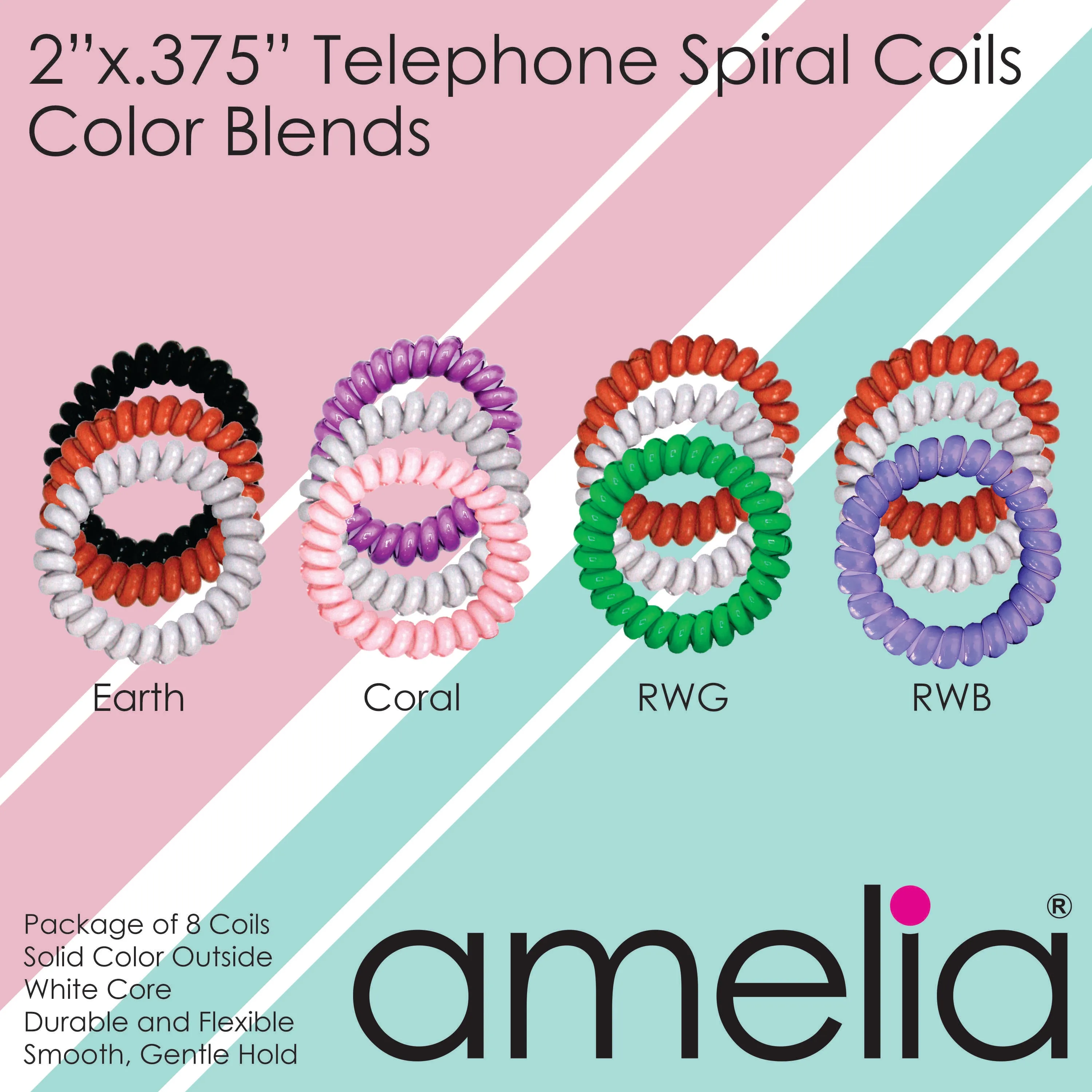 Amelia Beauty Products 8 Medium Elastic Hair Coils, 2.0in Diameter Thick Spiral Hair Ties, Gentle on Hair, Strong Hold and Minimizes Dents and Creases, Red, White and Blue Mix