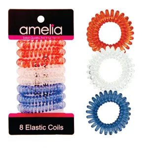 Amelia Beauty Products 8 Small Elastic Hair Coils, 1.5in Diameter Thick Spiral Hair Ties, Gentle on Hair, Strong Hold and Minimizes Dents and Creases, Red, Clear and Blue