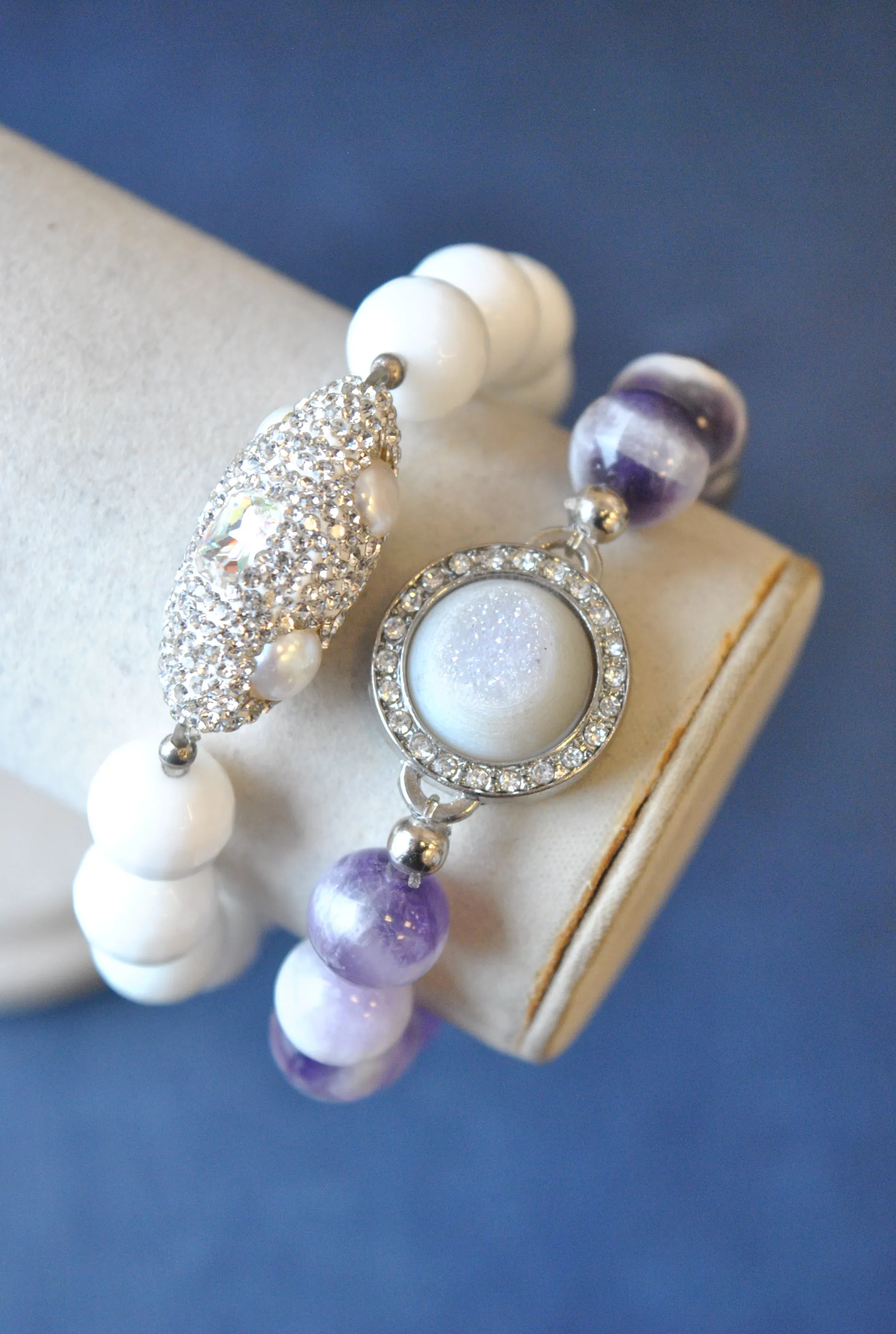 AMETHYST WHITE ONYX DRUZY AND SWAROVSKI CRYSTALS STRETCHY BRACELET SET
