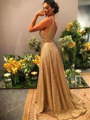 Anneprom Chic A-line Gold Sparkly V neck Long Prom Dresses Evening Dress APP0429