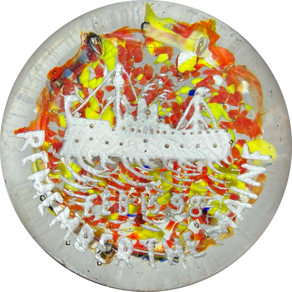 Antique American "Remember the Maine" White Frit on Colorful Ground