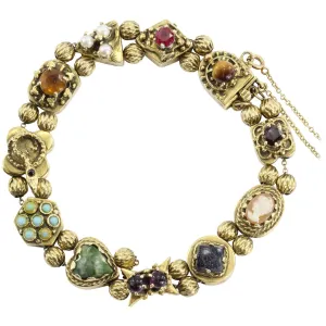 Antique Victorian 14K Gold Figural Cameo Ruby Turquoise Snake Slide Bracelet