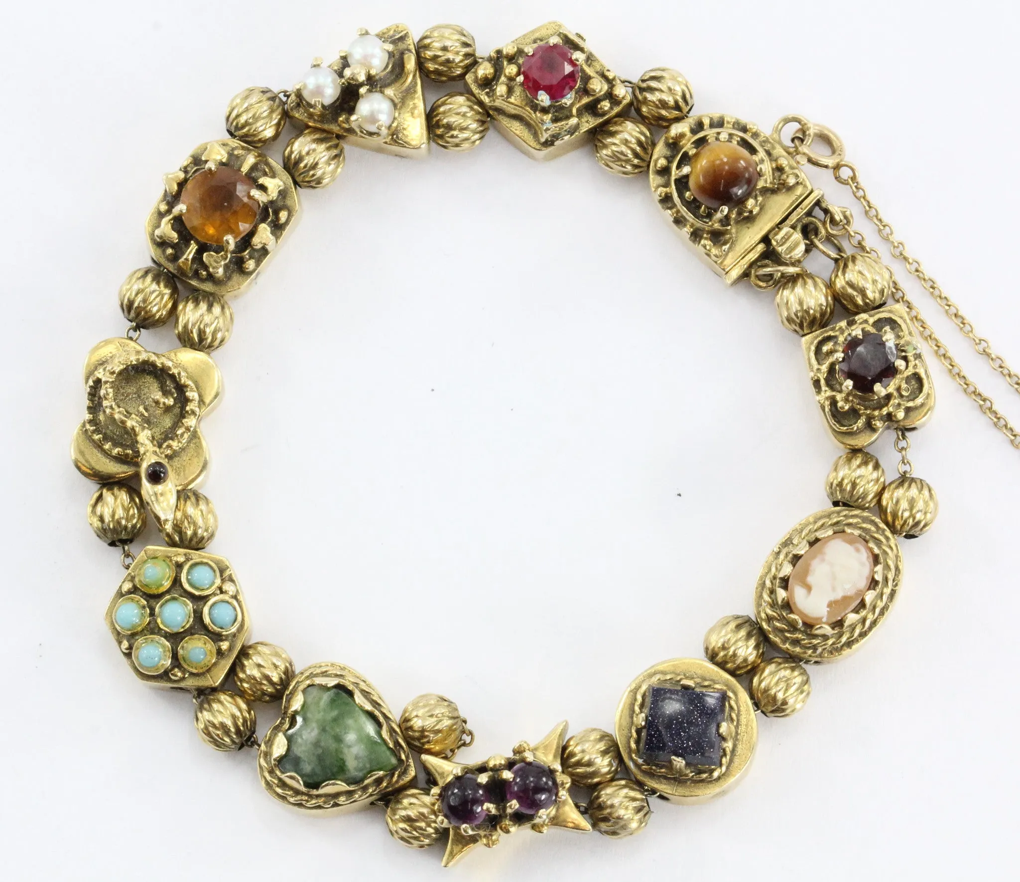 Antique Victorian 14K Gold Figural Cameo Ruby Turquoise Snake Slide Bracelet