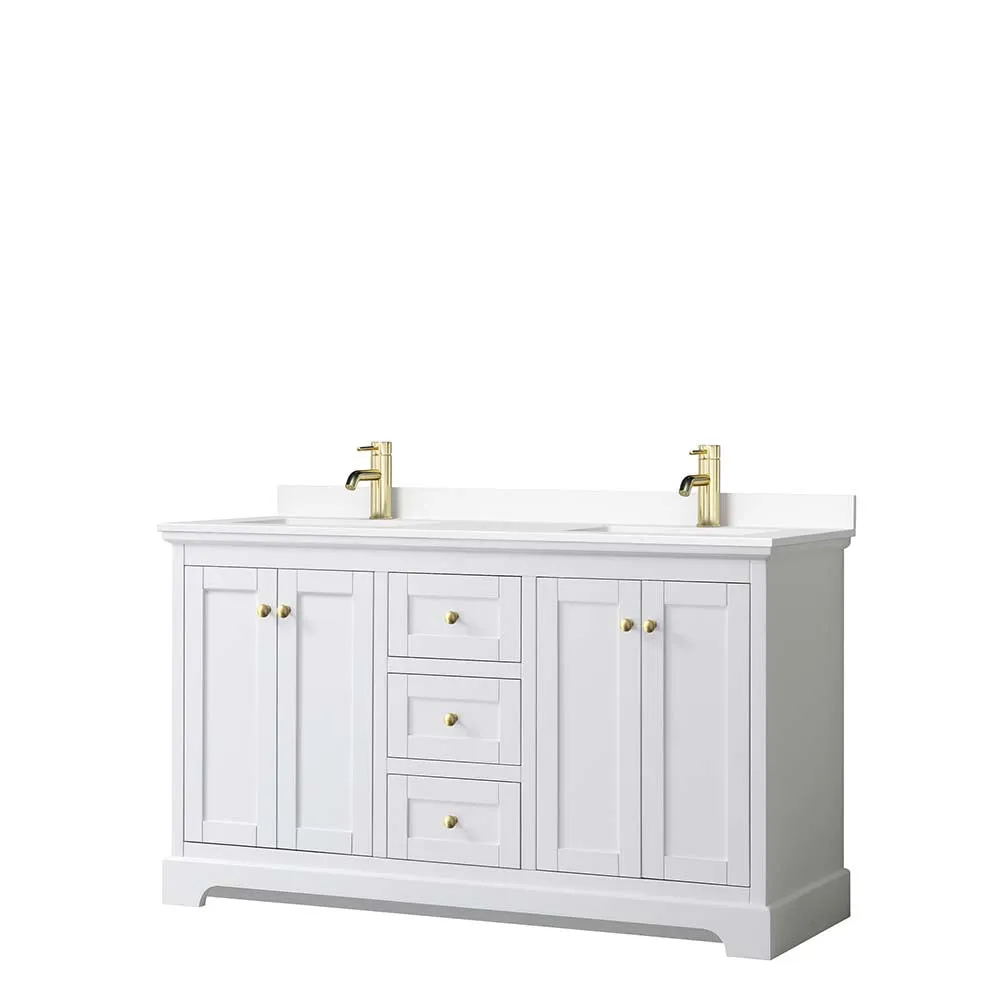 Avery 60 Inch Double Bathroom Vanity in White - Brushed Gold Trim