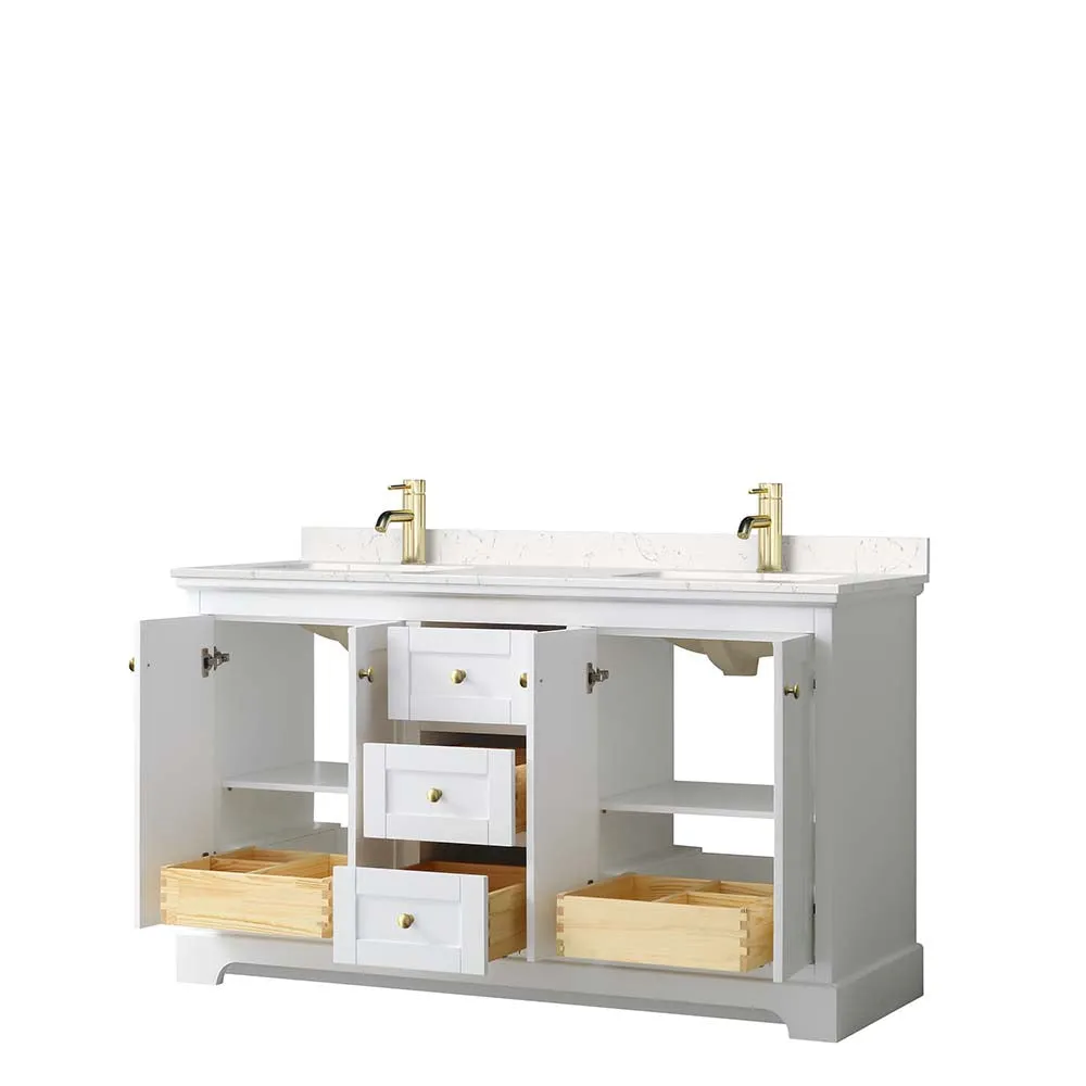 Avery 60 Inch Double Bathroom Vanity in White - Brushed Gold Trim