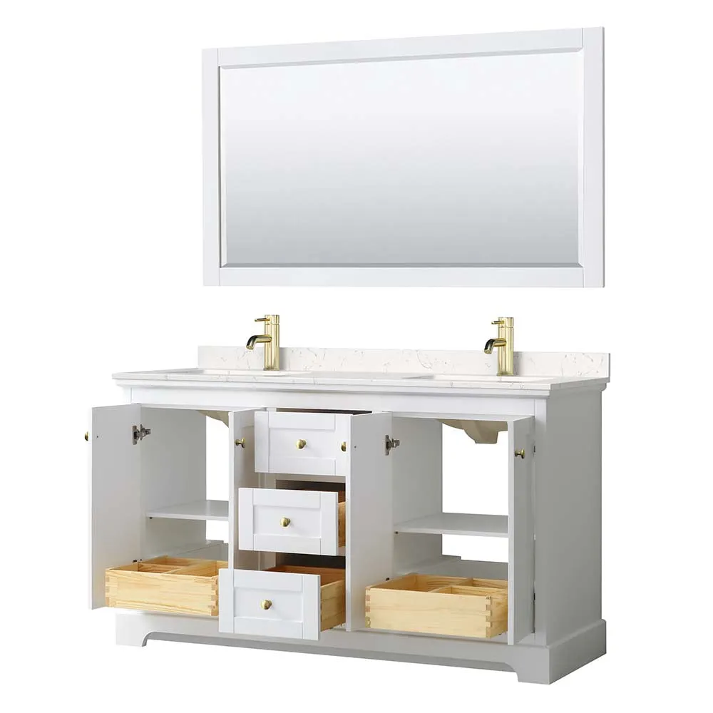 Avery 60 Inch Double Bathroom Vanity in White - Brushed Gold Trim
