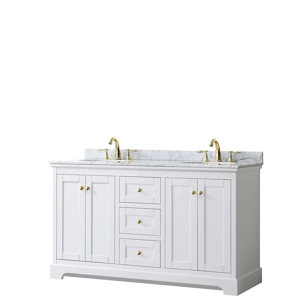 Avery 60 Inch Double Bathroom Vanity in White - Brushed Gold Trim