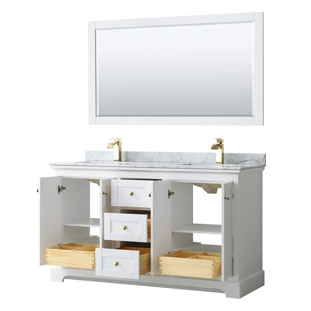 Avery 60 Inch Double Bathroom Vanity in White - Brushed Gold Trim
