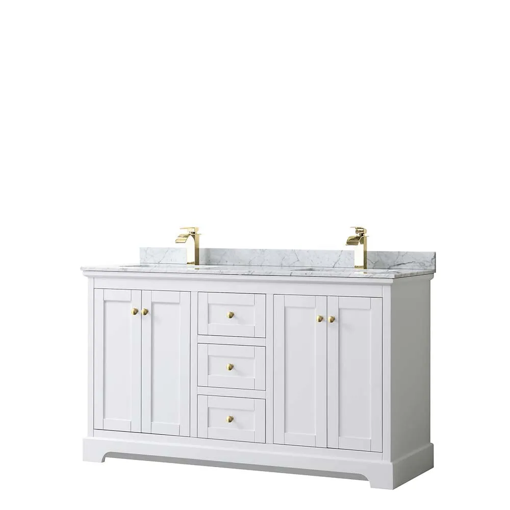 Avery 60 Inch Double Bathroom Vanity in White - Brushed Gold Trim