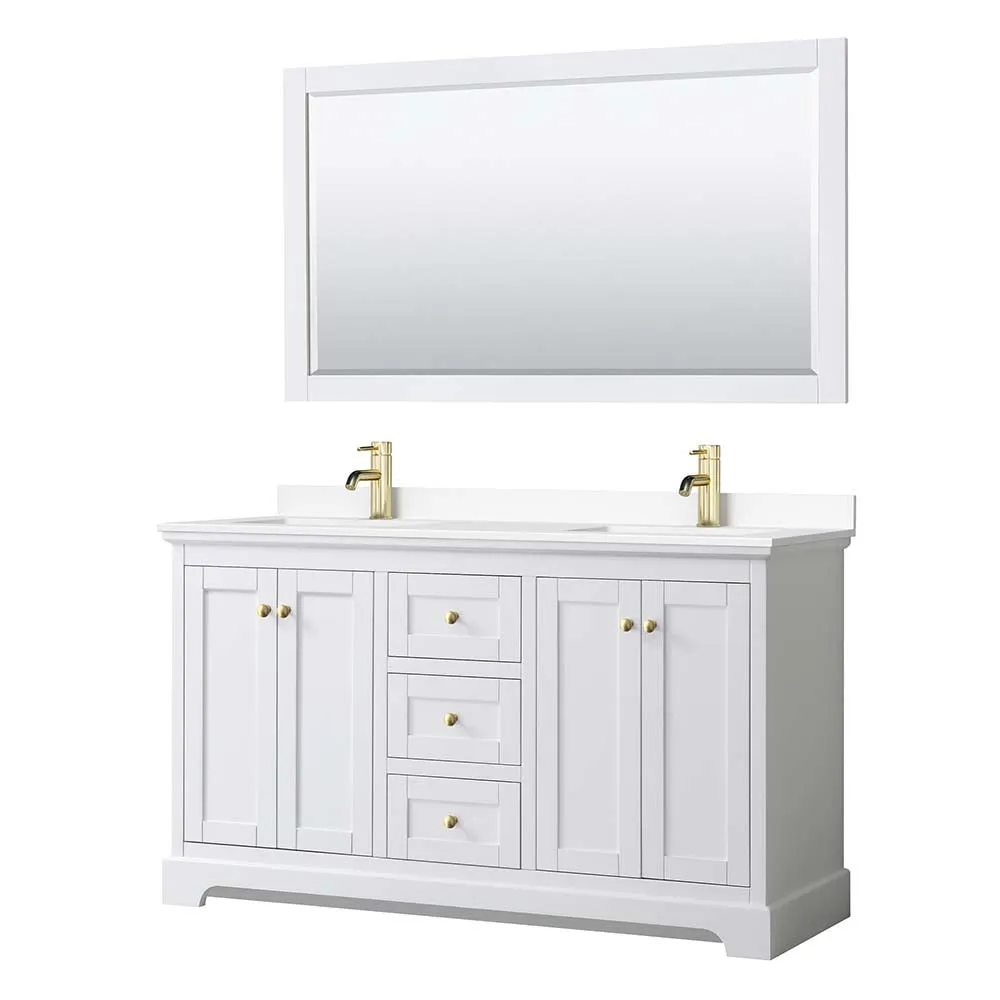 Avery 60 Inch Double Bathroom Vanity in White - Brushed Gold Trim