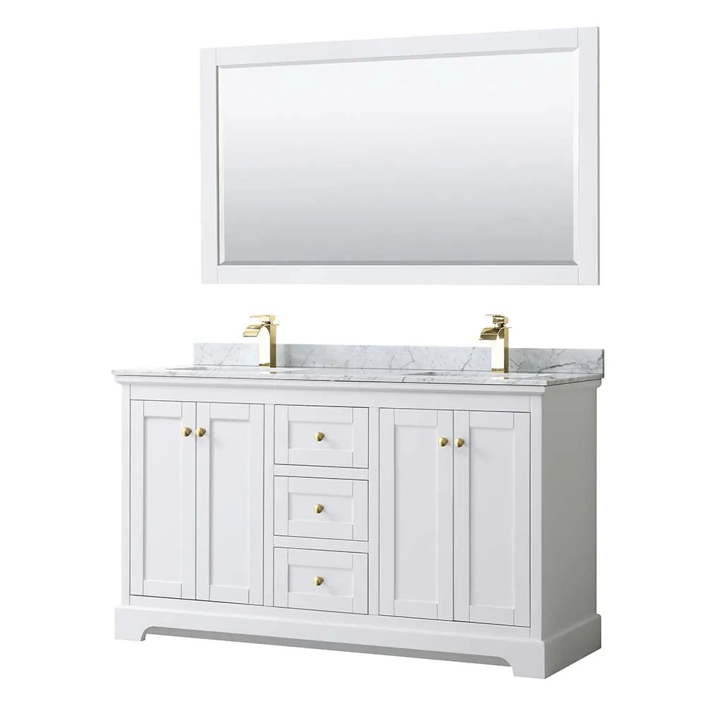 Avery 60 Inch Double Bathroom Vanity in White - Brushed Gold Trim
