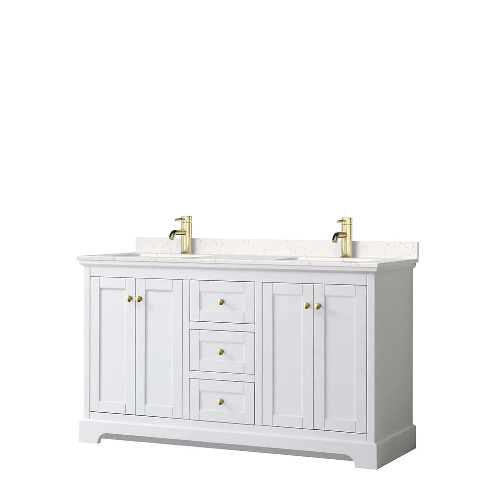 Avery 60 Inch Double Bathroom Vanity in White - Brushed Gold Trim