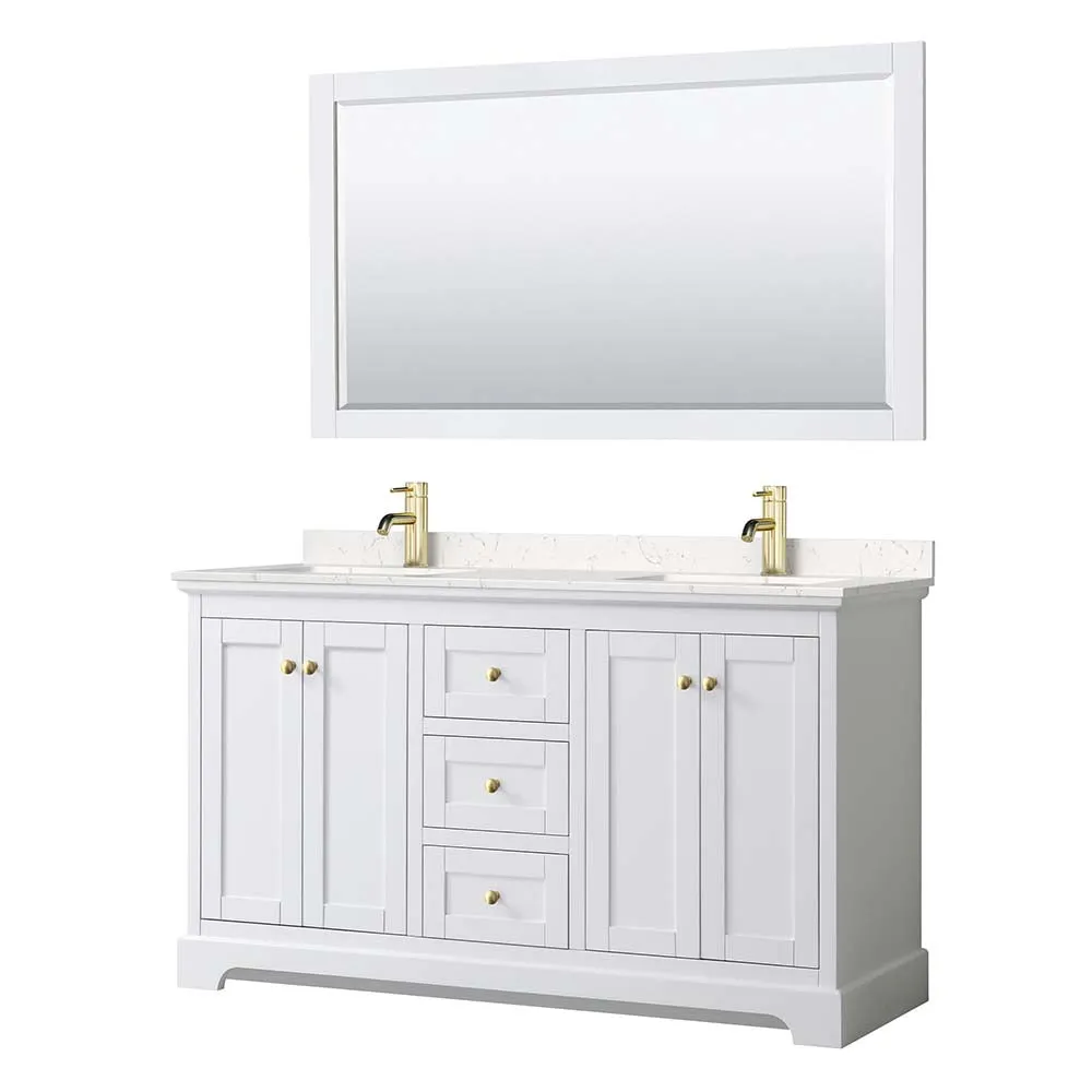 Avery 60 Inch Double Bathroom Vanity in White - Brushed Gold Trim