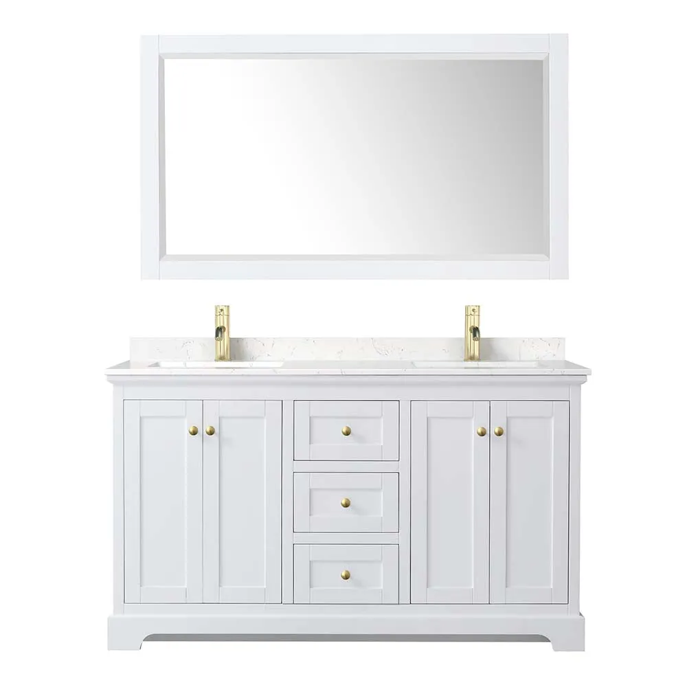 Avery 60 Inch Double Bathroom Vanity in White - Brushed Gold Trim