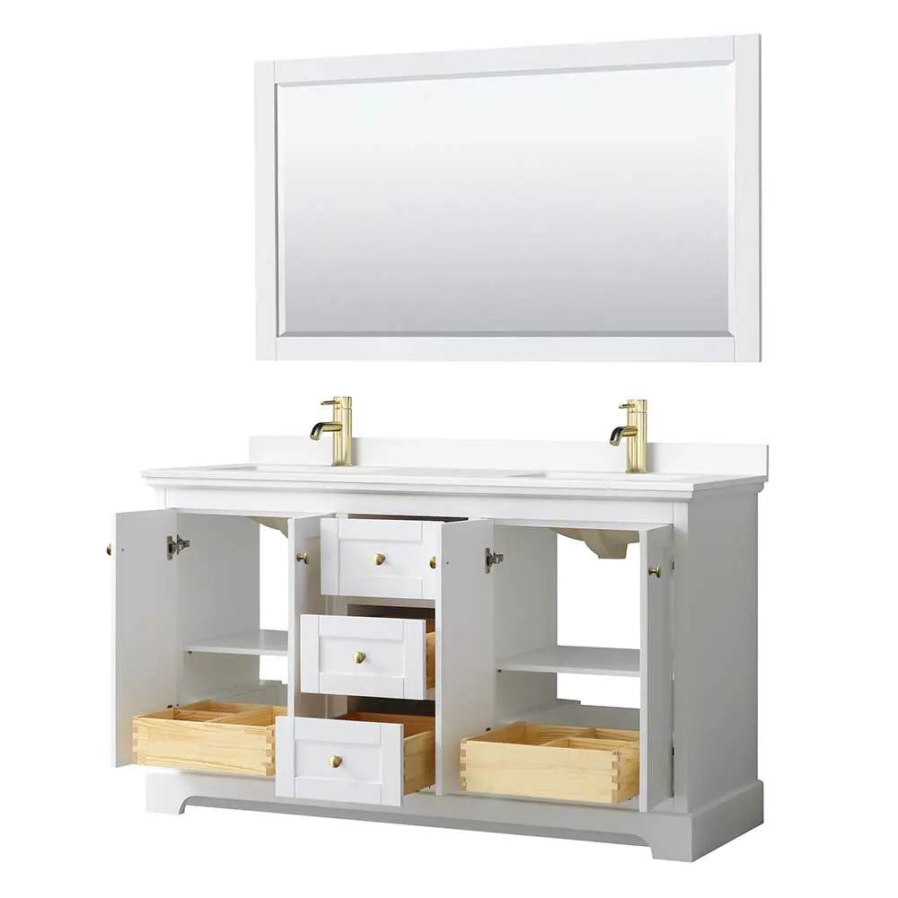 Avery 60 Inch Double Bathroom Vanity in White - Brushed Gold Trim