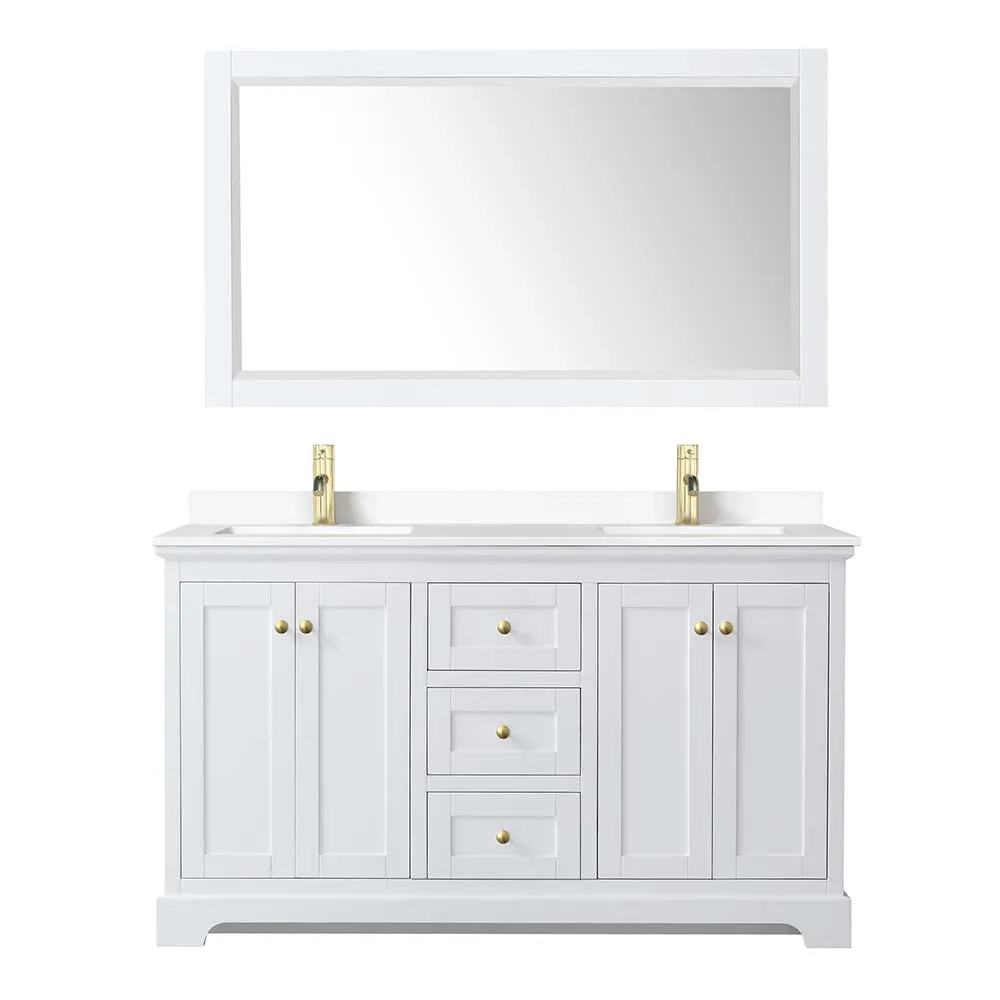 Avery 60 Inch Double Bathroom Vanity in White - Brushed Gold Trim