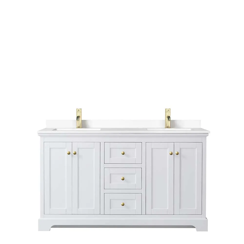 Avery 60 Inch Double Bathroom Vanity in White - Brushed Gold Trim