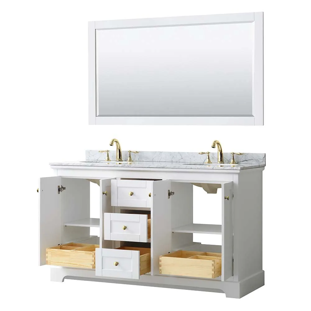 Avery 60 Inch Double Bathroom Vanity in White - Brushed Gold Trim