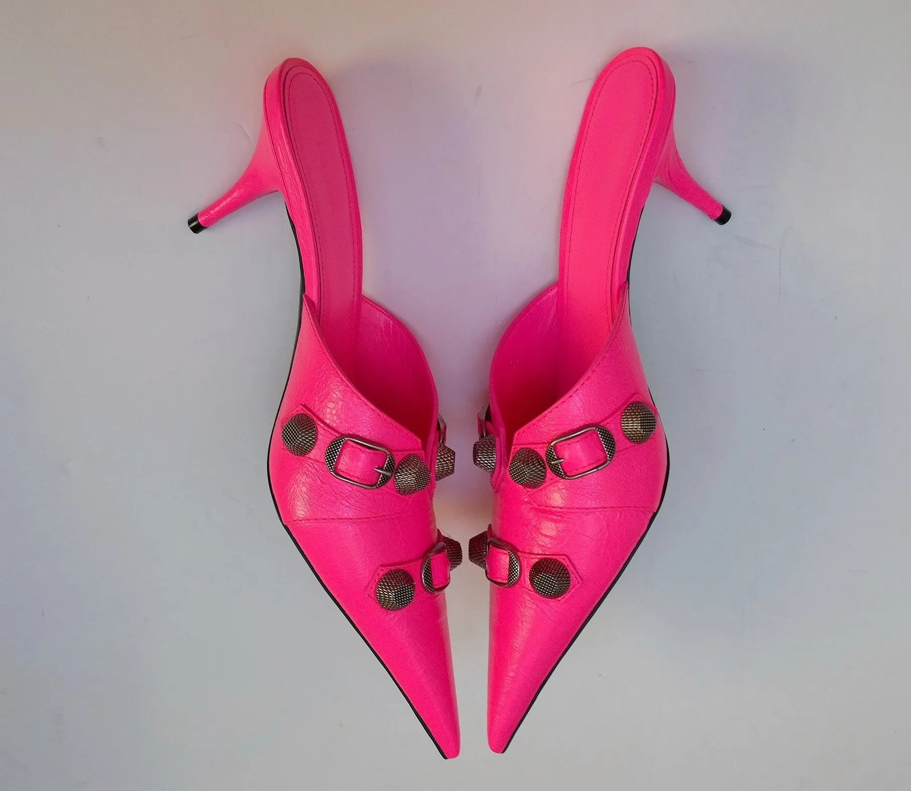 Balenciaga Cagole Neon Flourescent Pink Pointy Toe Slides Heels