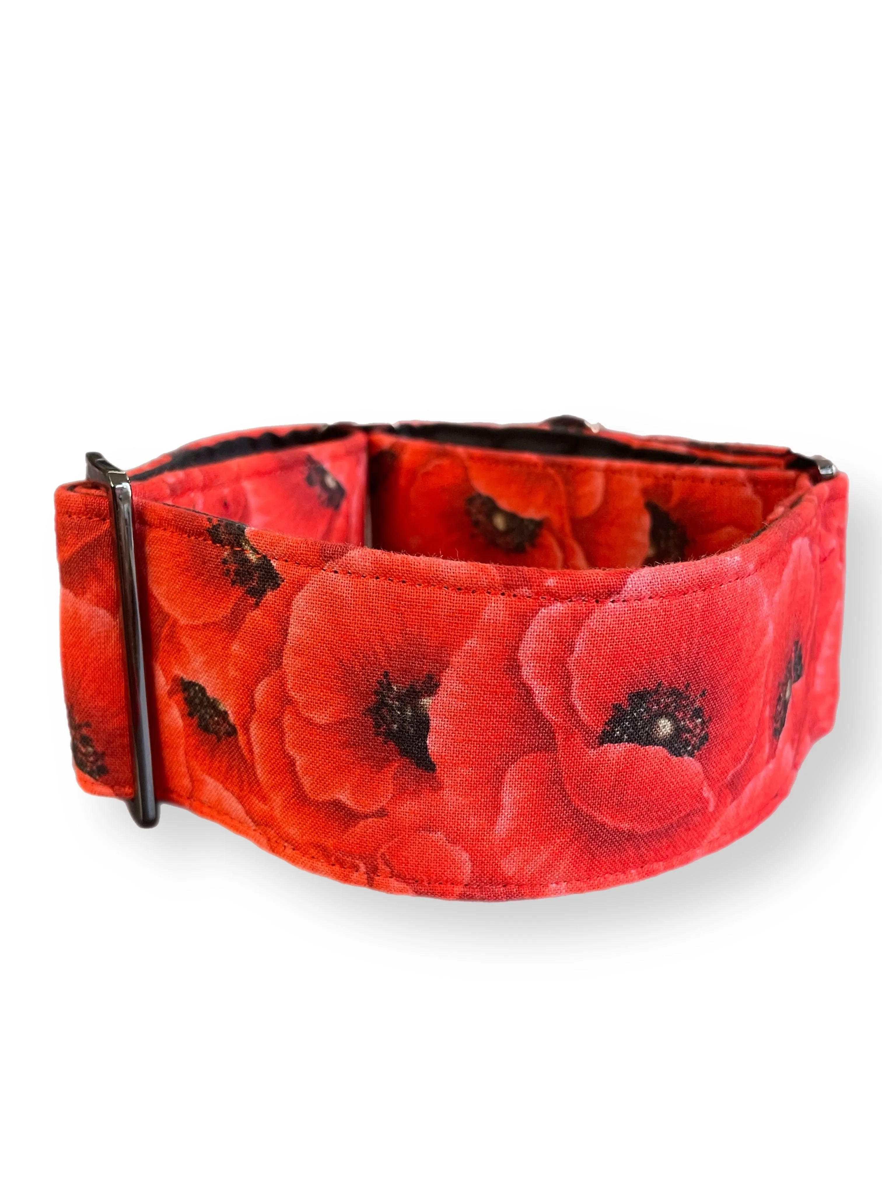 Beautiful red poppies on red greyhound Martingale collar cotton covered 50mm width