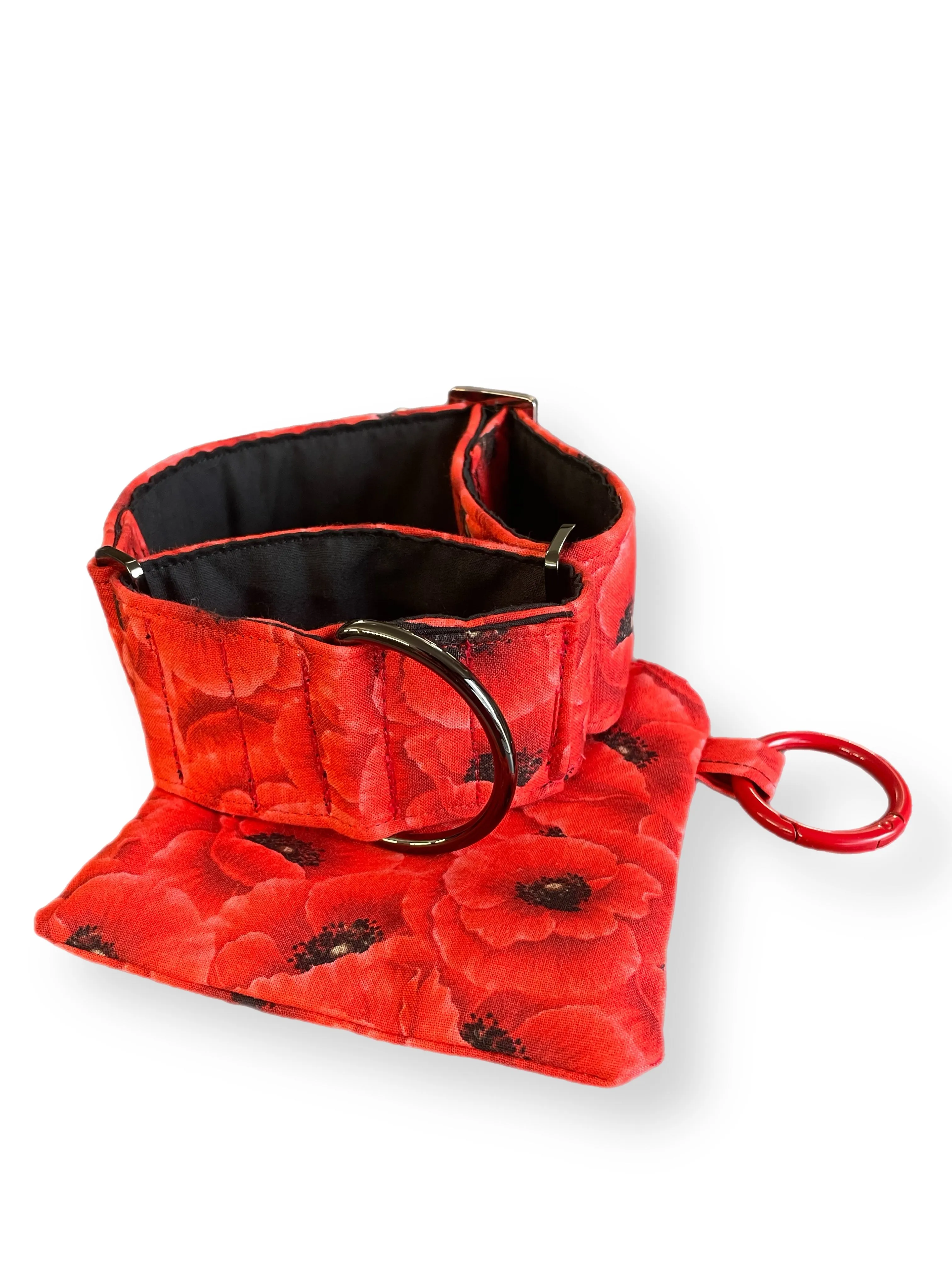 Beautiful red poppies on red greyhound Martingale collar cotton covered 50mm width