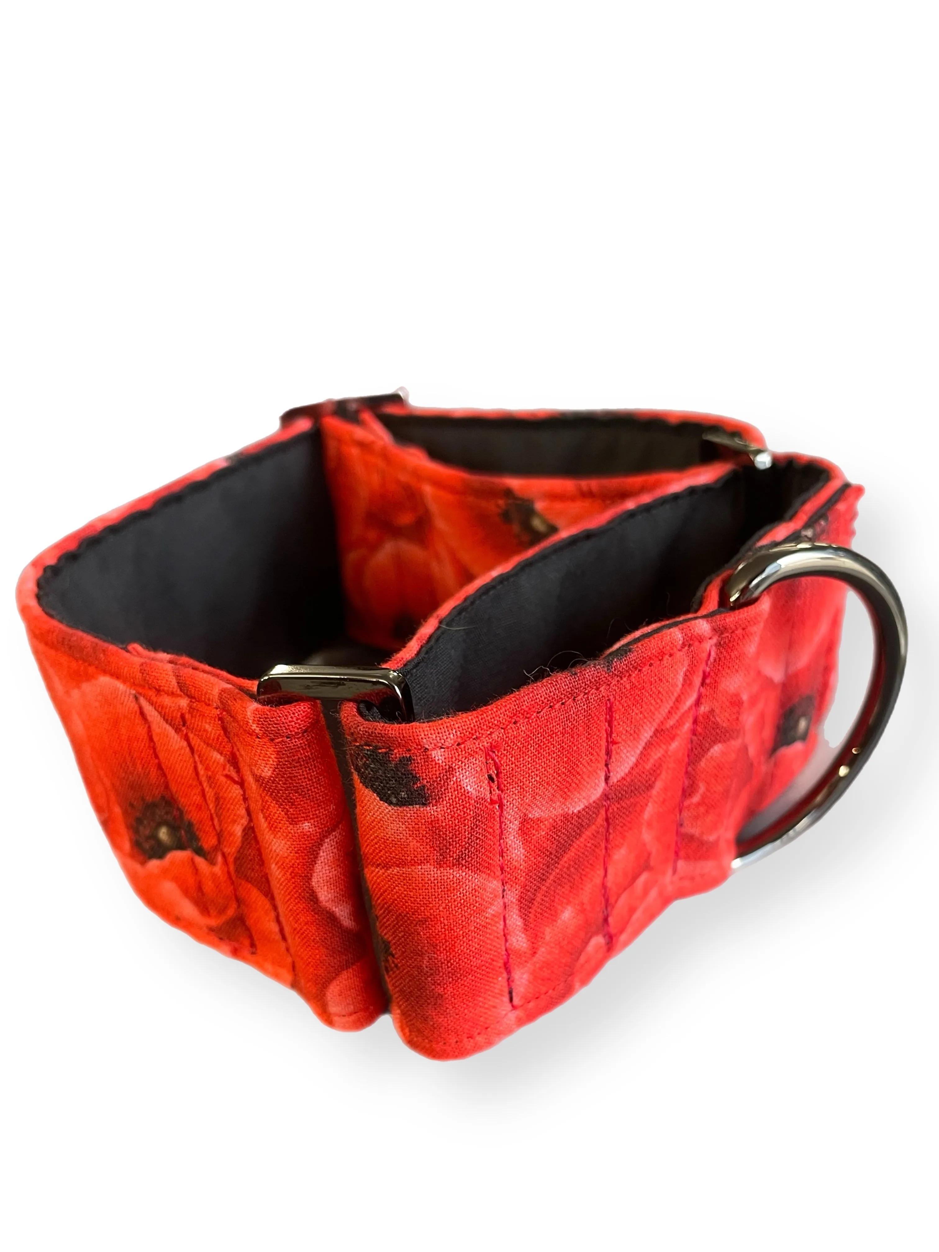Beautiful red poppies on red greyhound Martingale collar cotton covered 50mm width