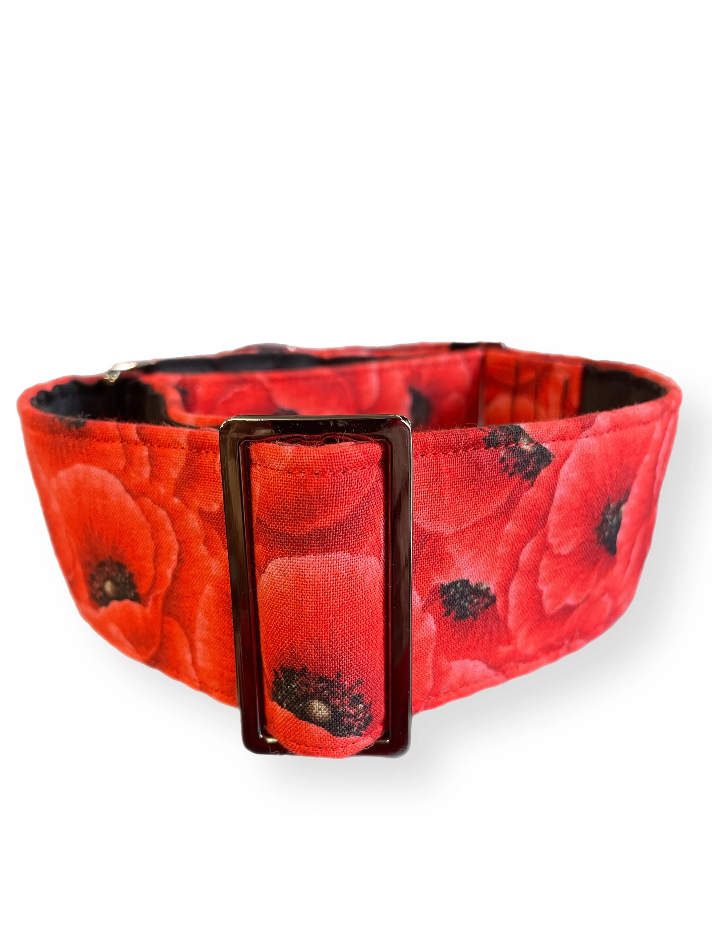 Beautiful red poppies on red greyhound Martingale collar cotton covered 50mm width