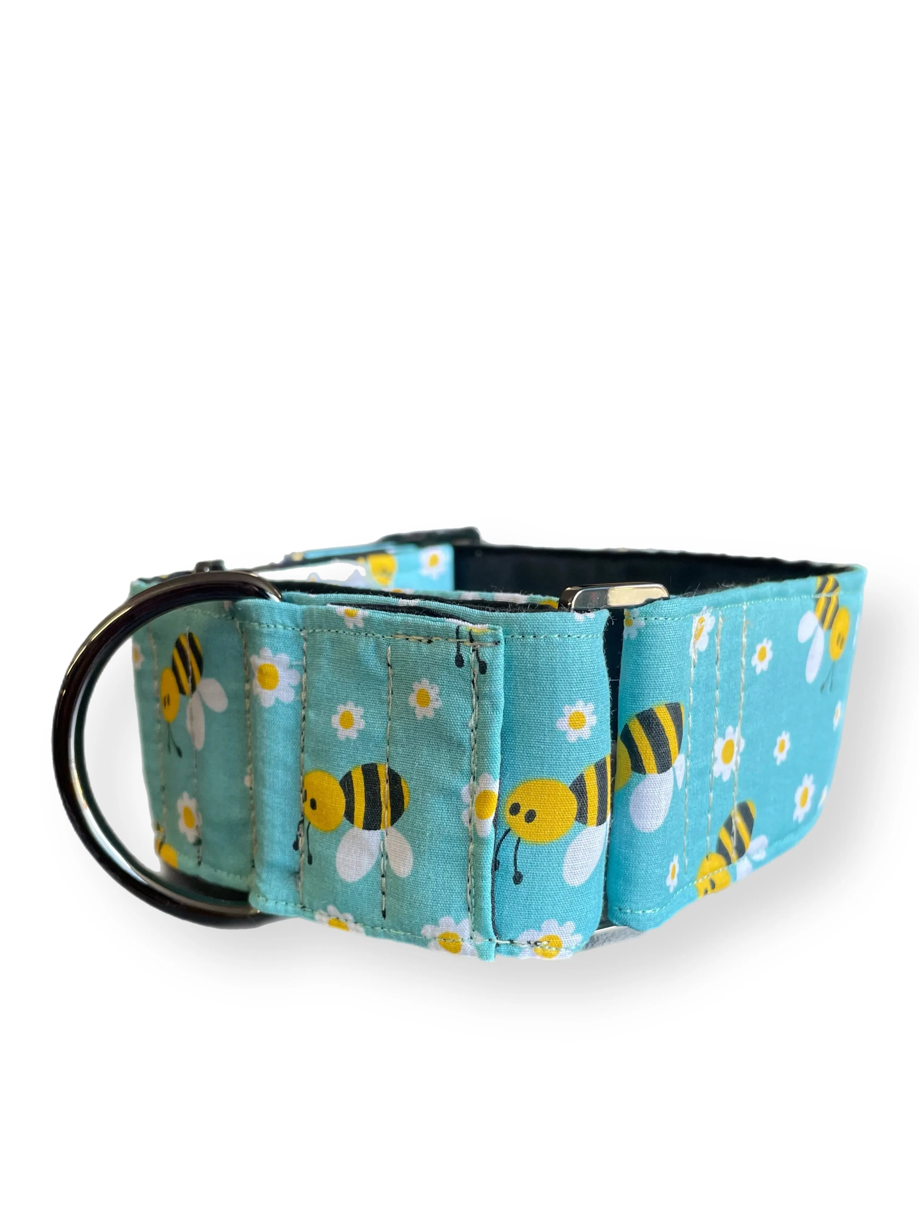 Bee happy in aqua Cotton covered greyhound Martingale collar 50mm width super soft