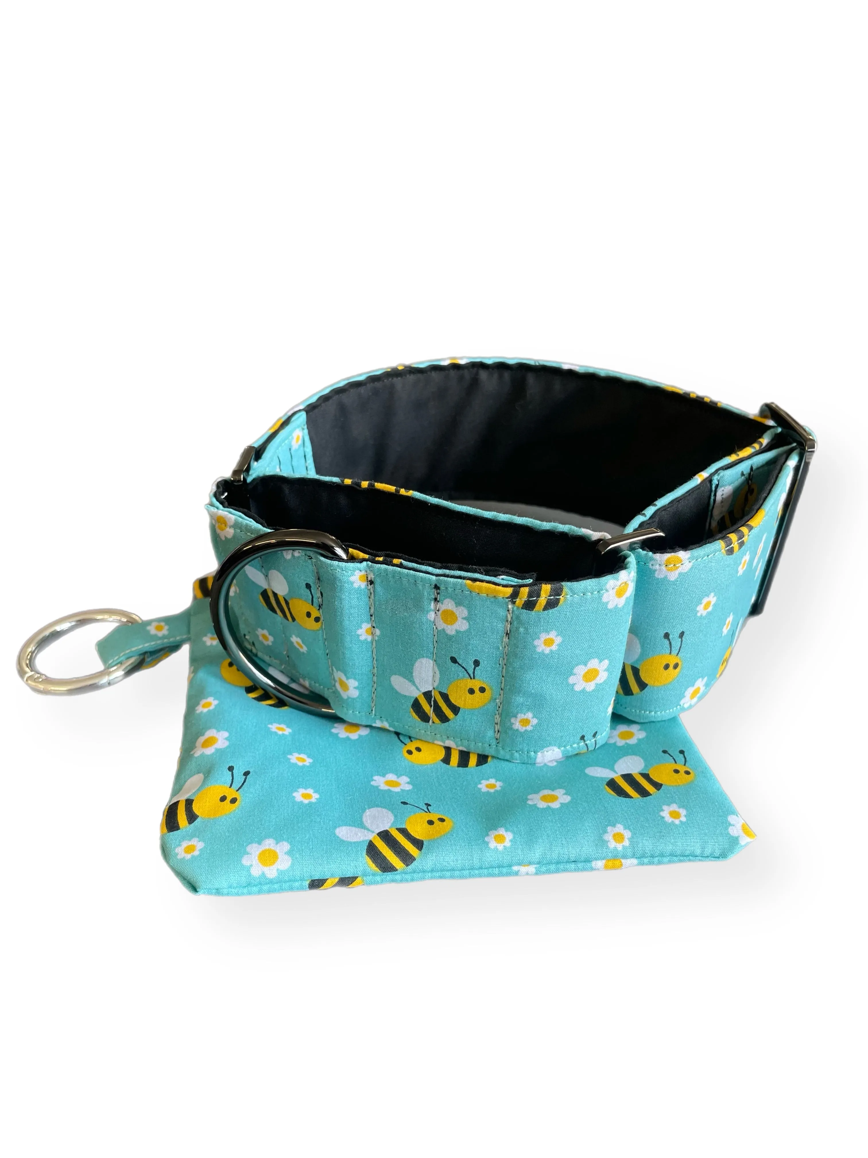 Bee happy in aqua Cotton covered greyhound Martingale collar 50mm width super soft