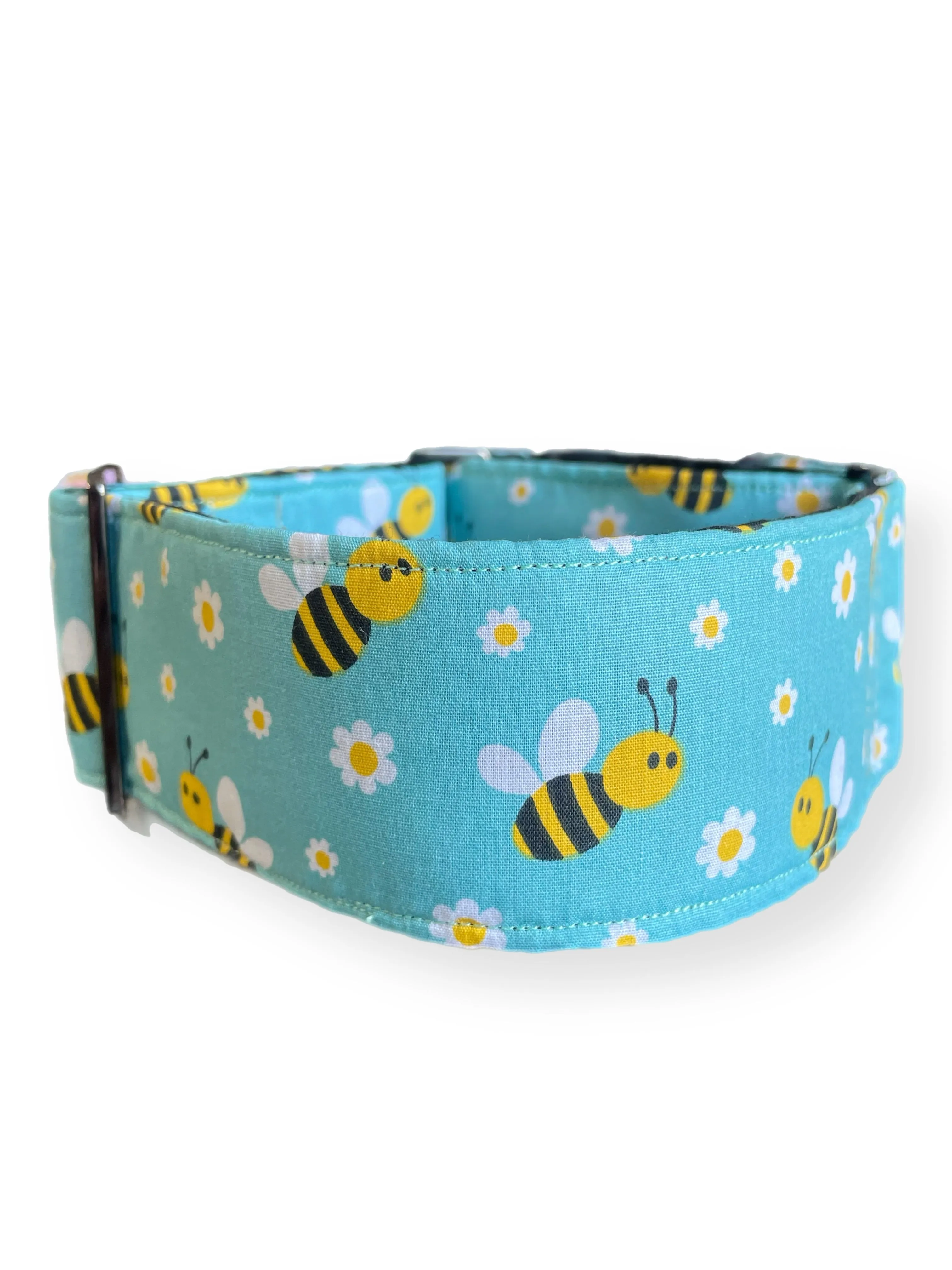 Bee happy in aqua Cotton covered greyhound Martingale collar 50mm width super soft