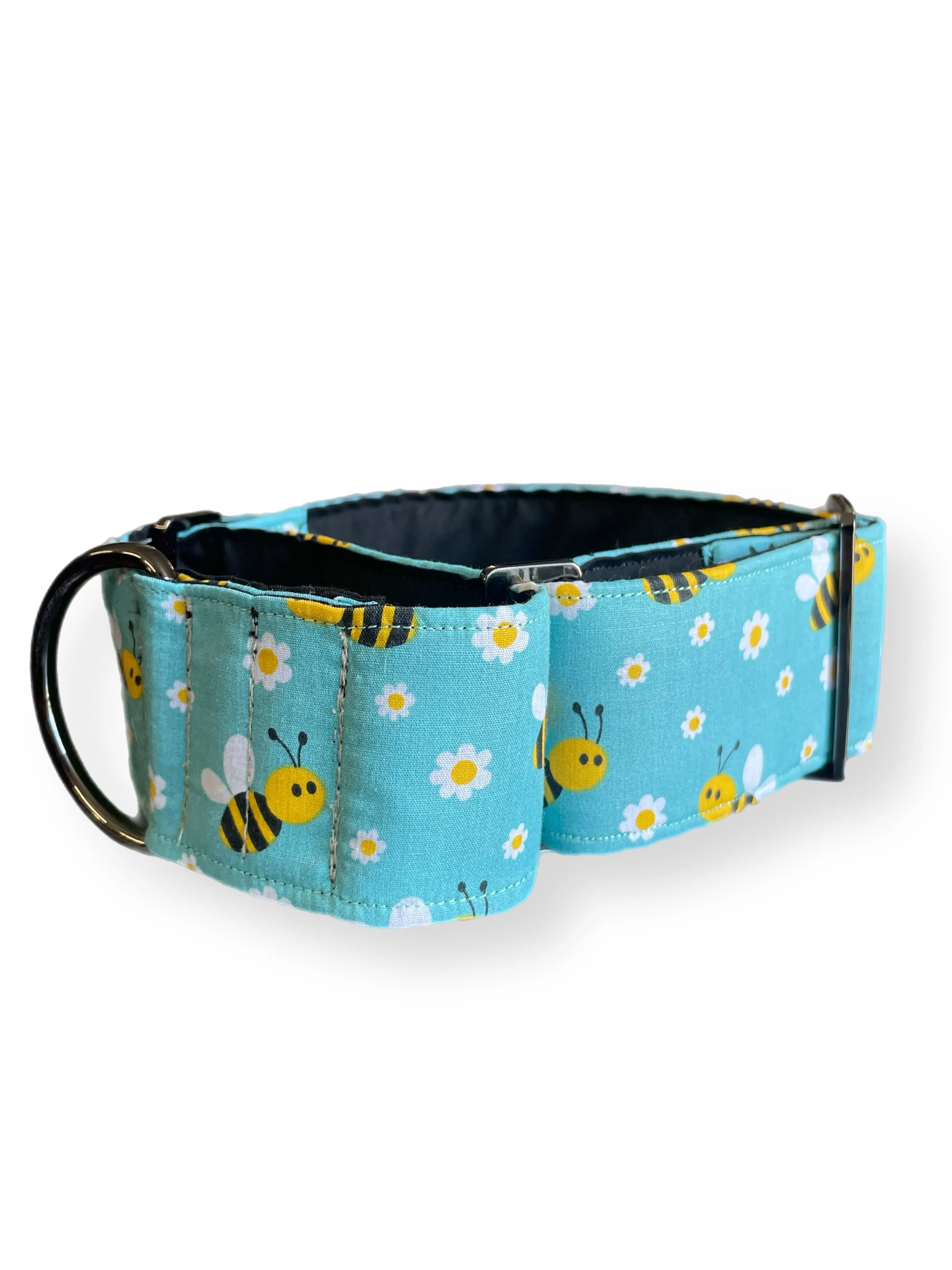 Bee happy in aqua Cotton covered greyhound Martingale collar 50mm width super soft