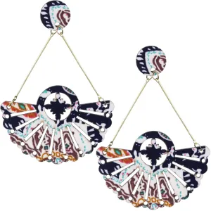 Blue Boho Pattern Wooden Cutout Earrings