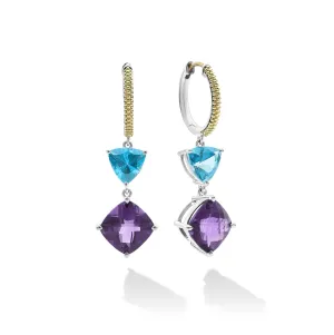 Caviar Color Two-Tone Amethyst and Evergreen Topaz Hoop Earrings