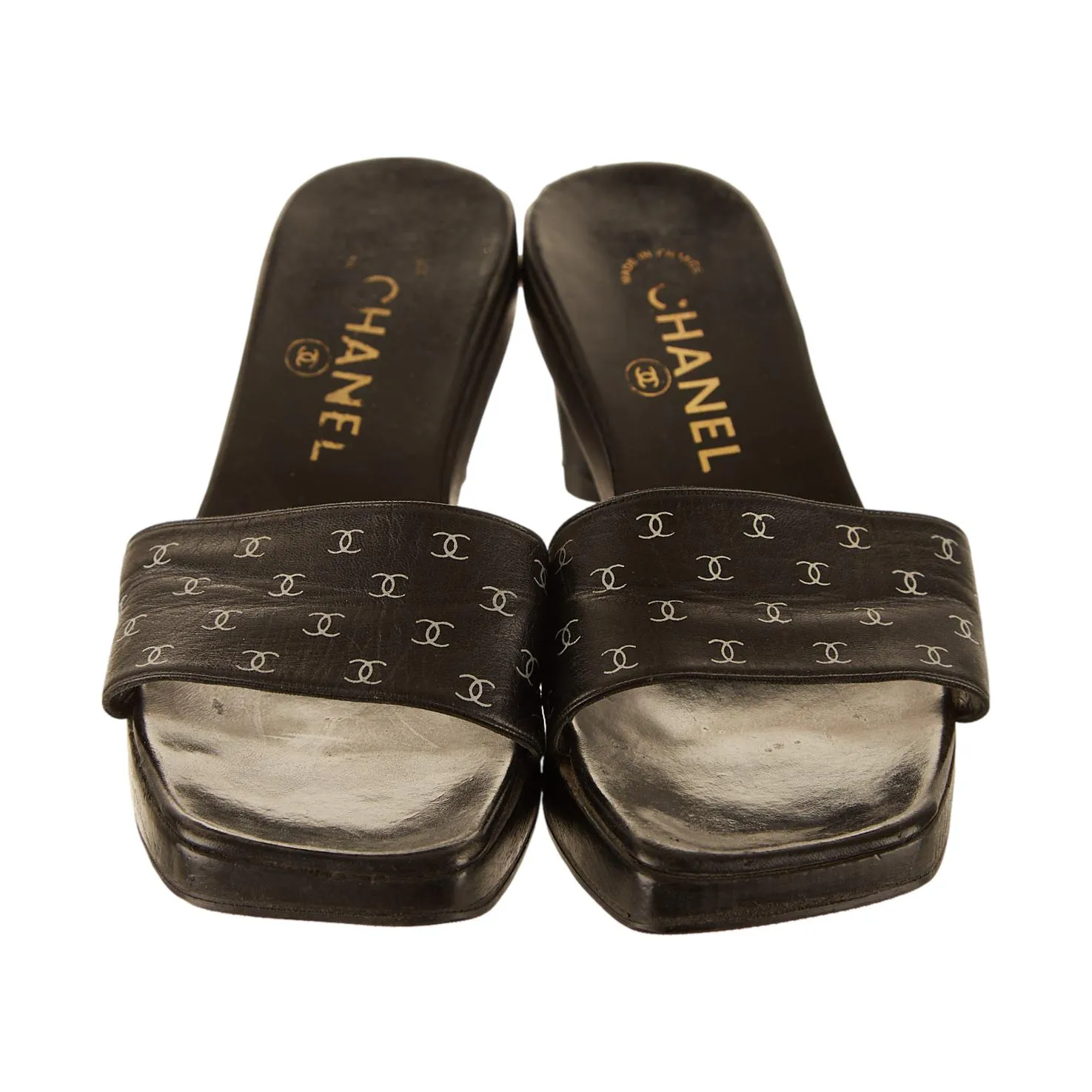 Chanel Black Logo Print Block Heels