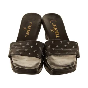 Chanel Black Logo Print Block Heels