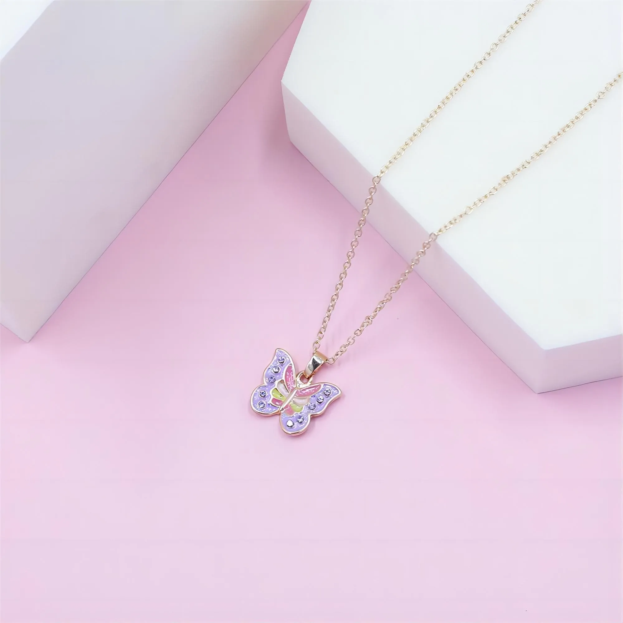 Chic CZ Inlaid Enamel Butterfly Matching Necklace