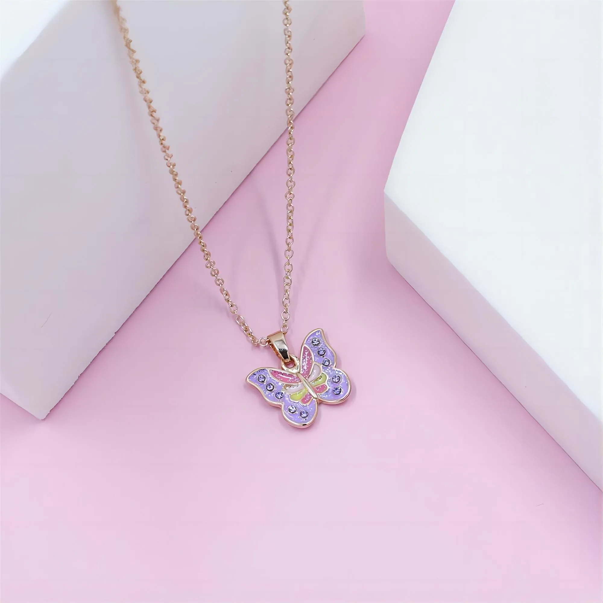 Chic CZ Inlaid Enamel Butterfly Matching Necklace