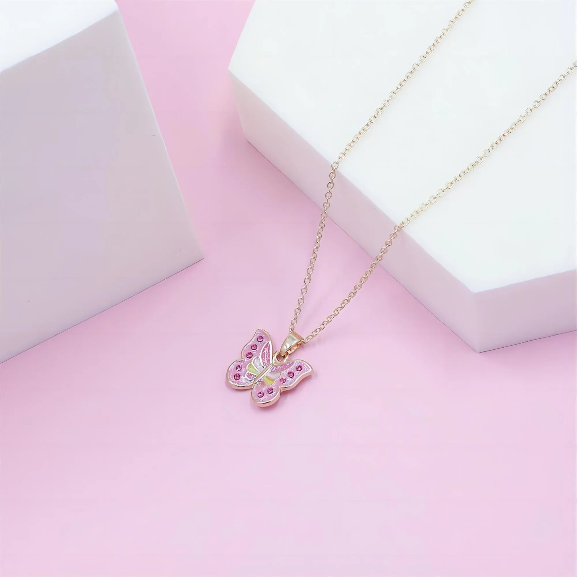 Chic CZ Inlaid Enamel Butterfly Matching Necklace
