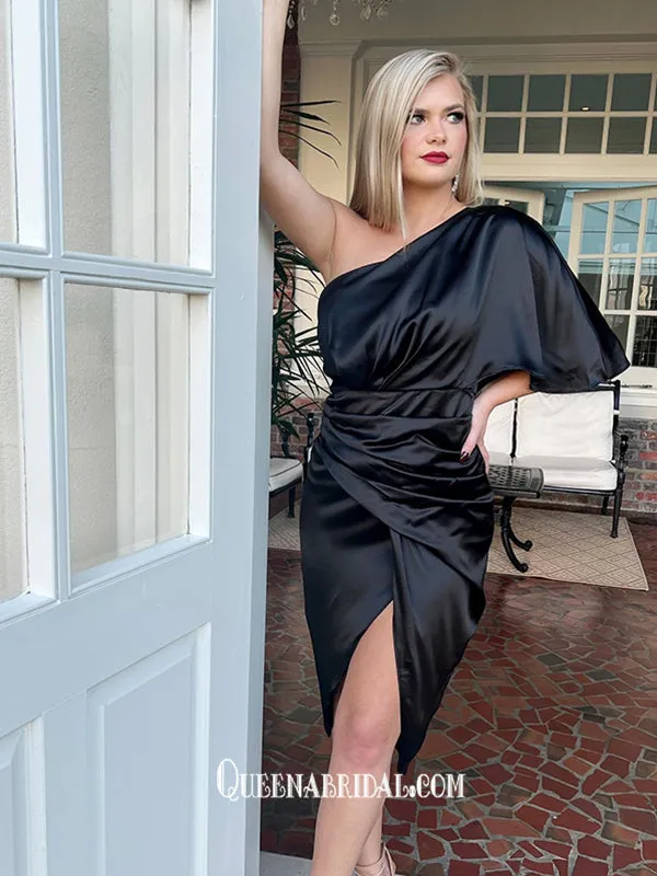 Chic One Shoulder Black Soft Satin Slits Pleats Short Prom Dresses Party Gowns, WGP211